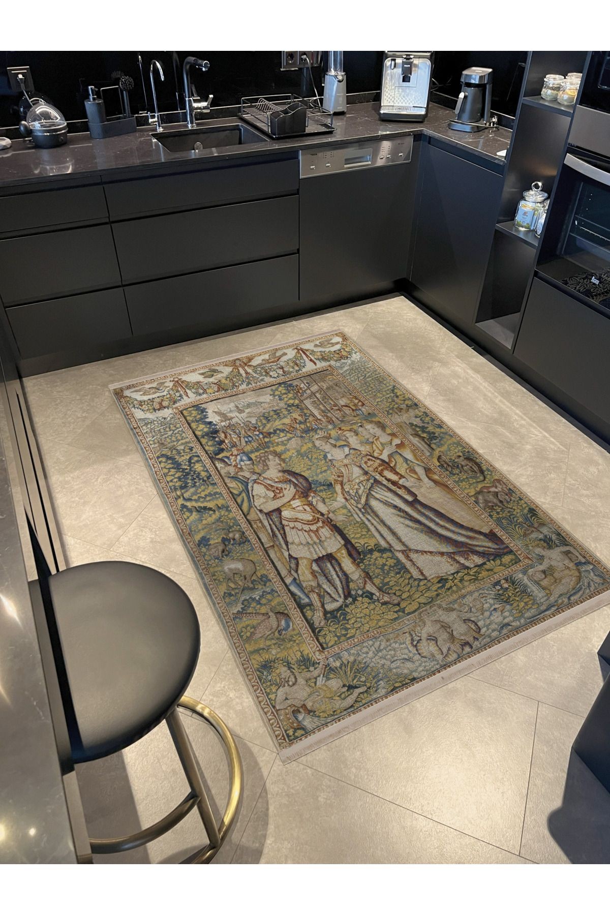 Çok Renkli Goblen Tasarım Şövalye ve Prenses Desenli Kreatif Vintage Dekoratif Halı 2890