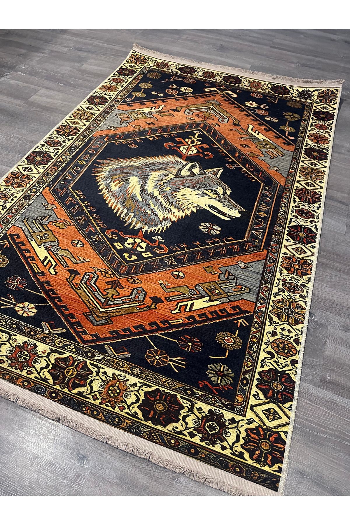 Güneş Koleksiyonu Turuncu Lacivert Kurt Detaylı Antik Dokuma Taban Modern Dekoratif Halı güneş51