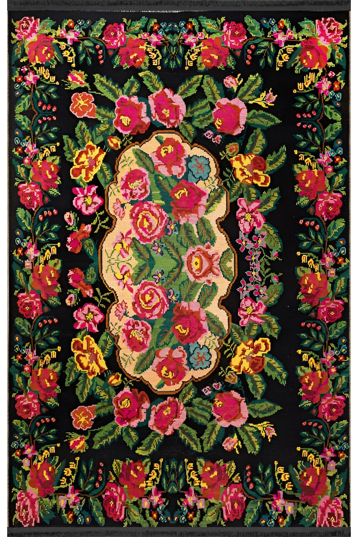 Siyah Pembe Temalı Geleneksel Gül Motif Desenli Vintage Dekoratif Halı 1903