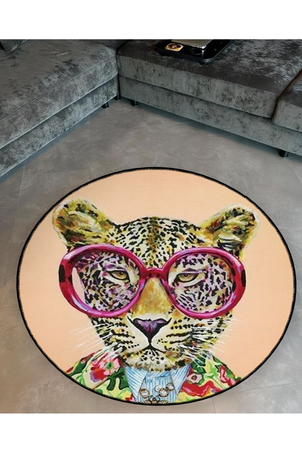 Mira Yuvarlak Pembe Gözlüklü Kaplan Detaylı Dokuma Taban Modern Dekoratif Halı 5539