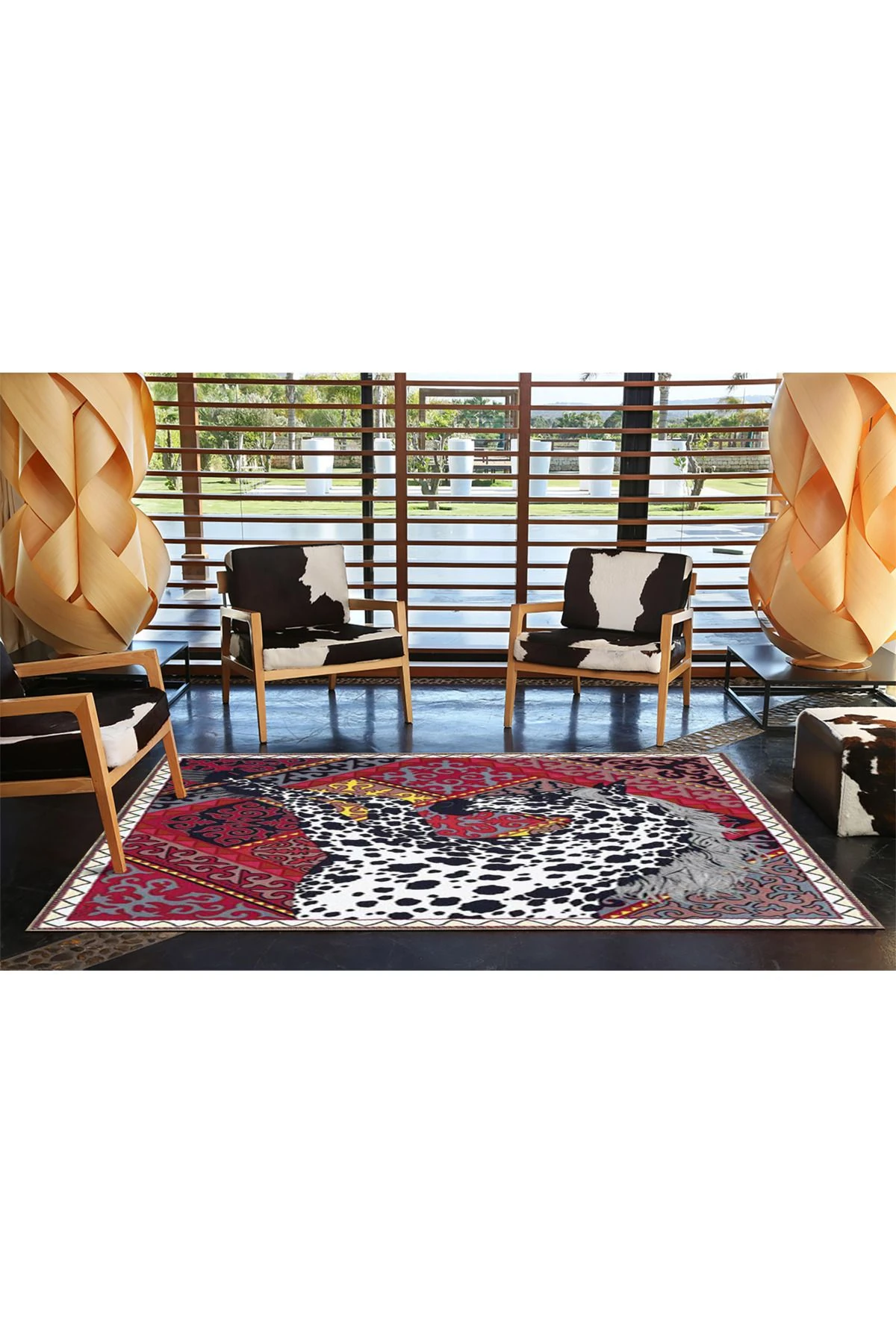 Kırmızı Renkli At Geometrik Modern Dekoratif Halı miravip228