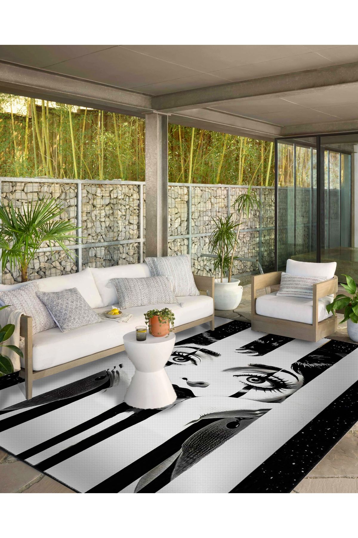 Siyah Beyaz Çizgi Temalı Kadın Yüz ve El Desenli Dokuma Taban Halı ve Yıkanabilir Halı miraface03