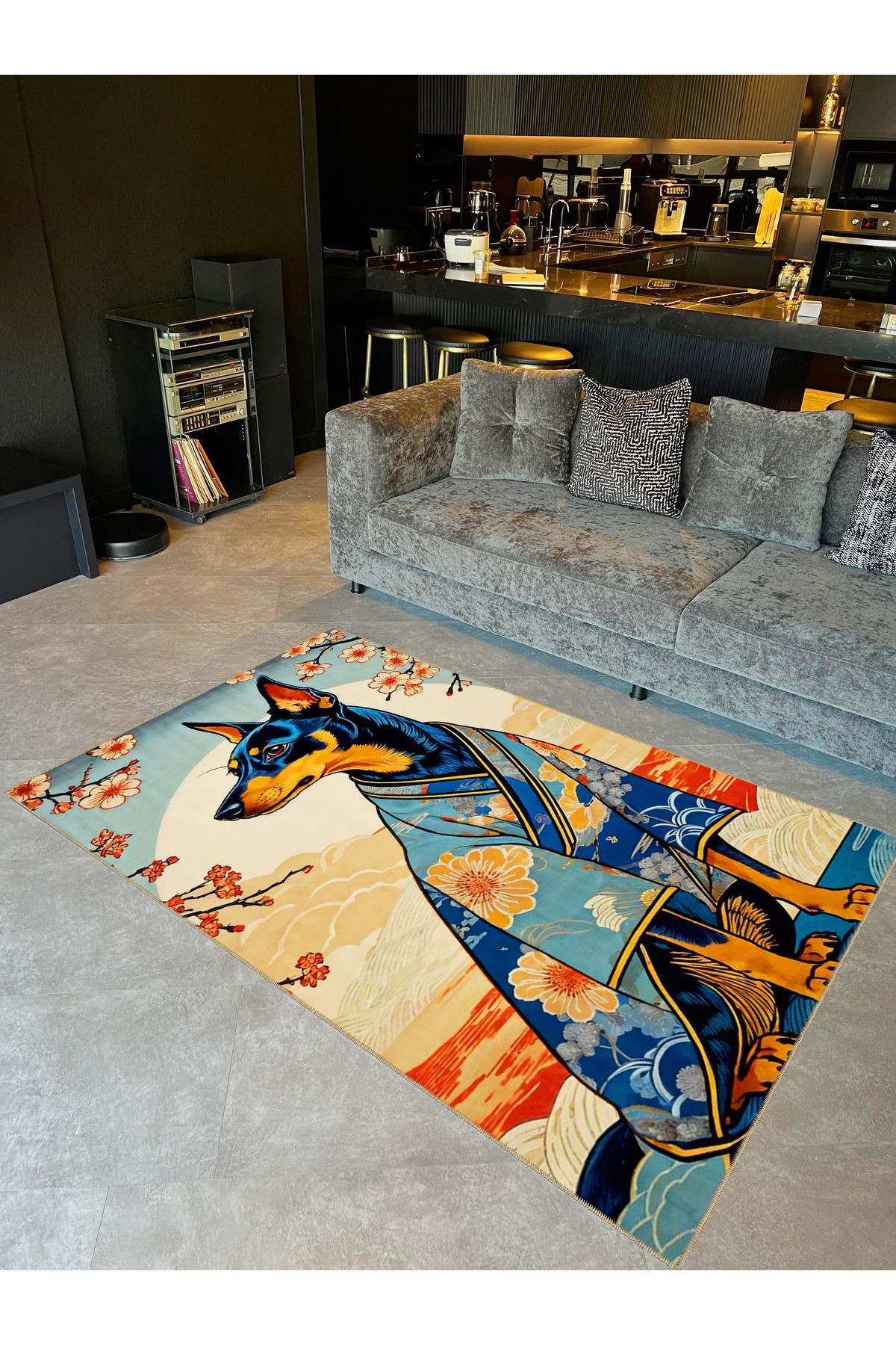 Tuğrul Koleksiyonu Bulutlarda Kimono Giyen Köpek Desenli Dokuma Taban Soyut Modern Dekoratif Halı 40