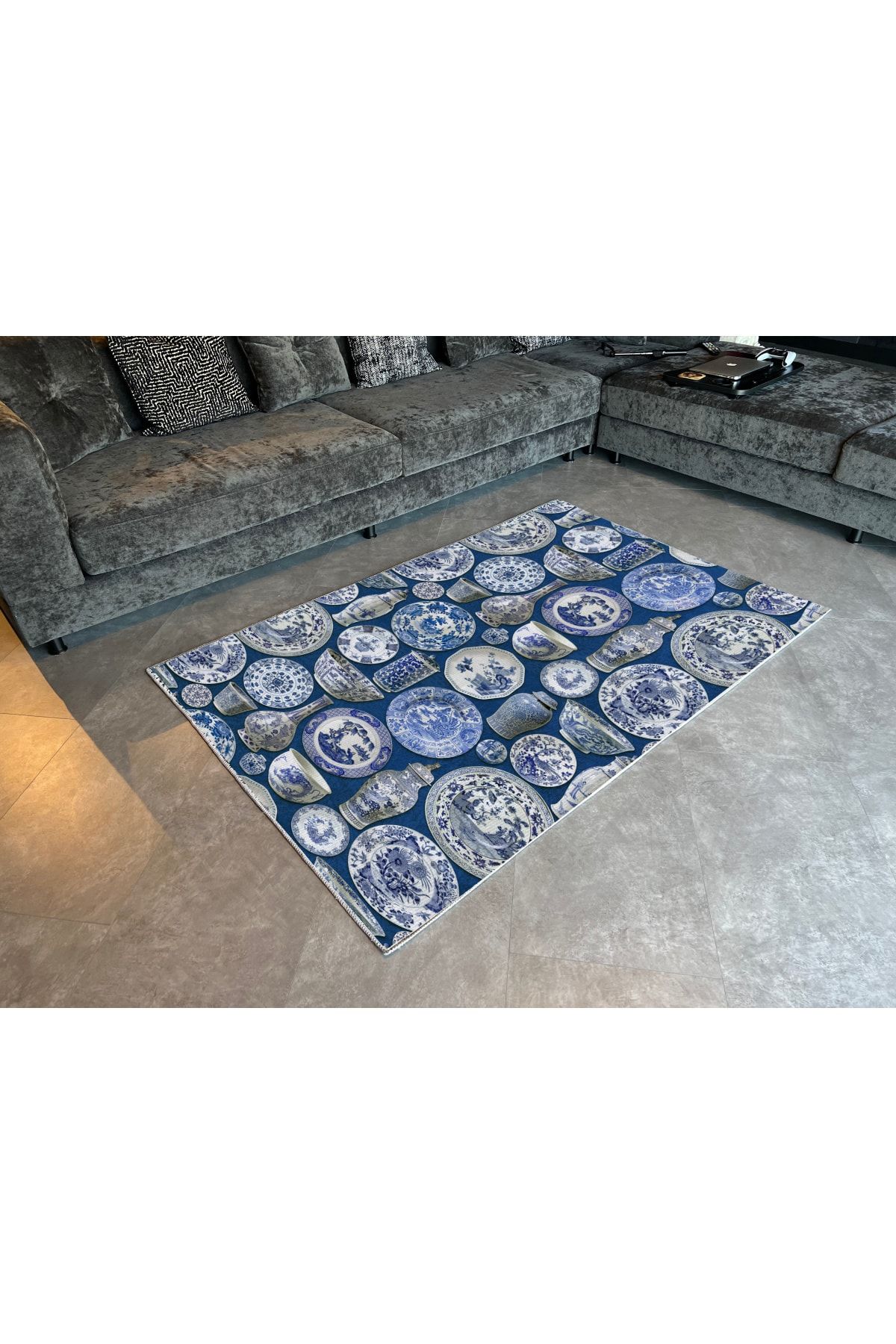 Mira 956 Blue Blanc Tabak Vazo Temalı Lacivert Mavi Dokuma Taban Halı