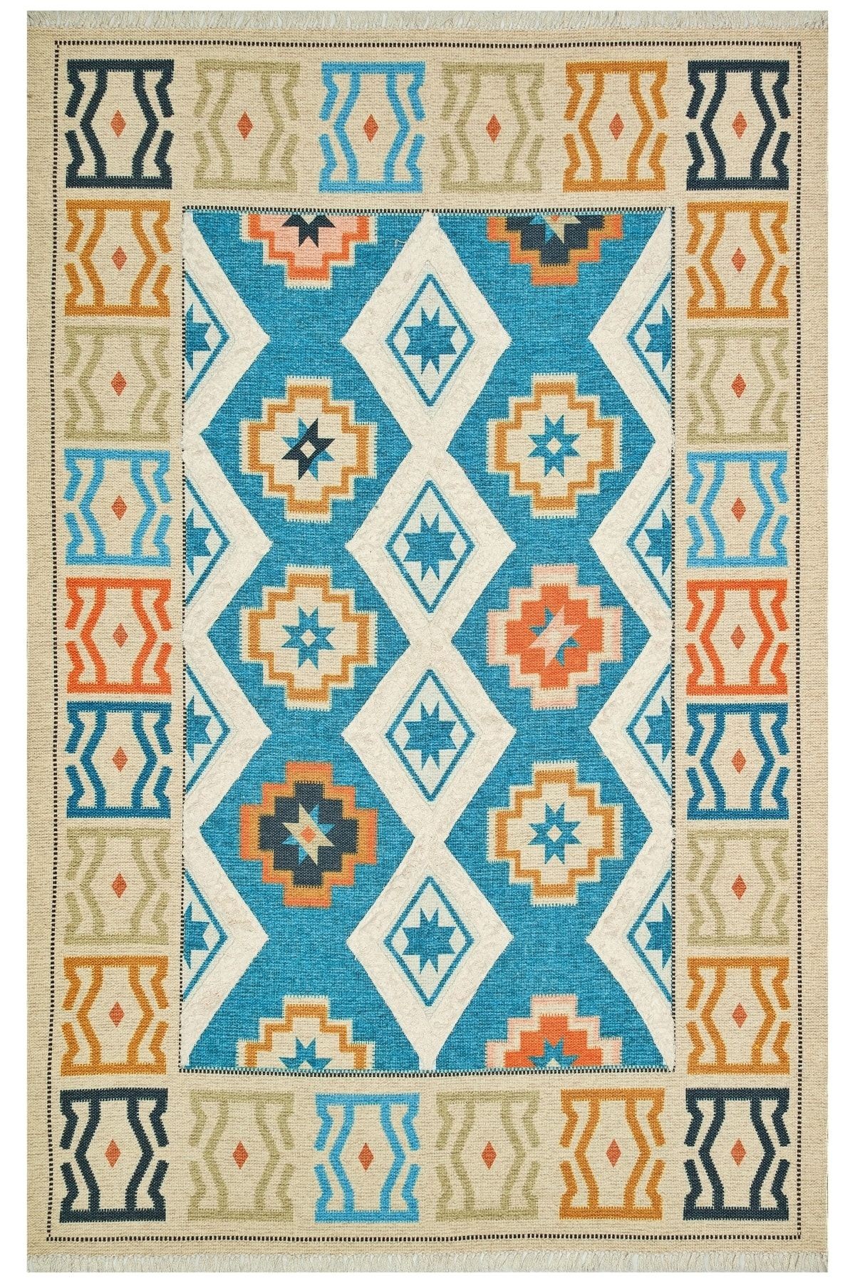 Rustik 4035 Etnik Ve Geometrik Turkuaz Kilim