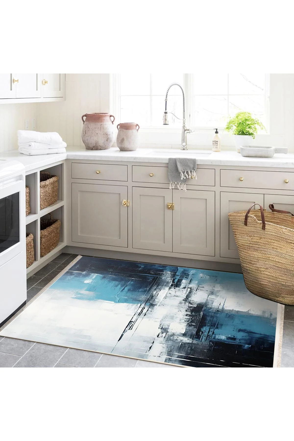 Yılmaz Koleksiyonu Yağlı Boya Görünümlü Beyaz Mavi Dokuma Taban Modern Dekoratif Halı yılmaz29