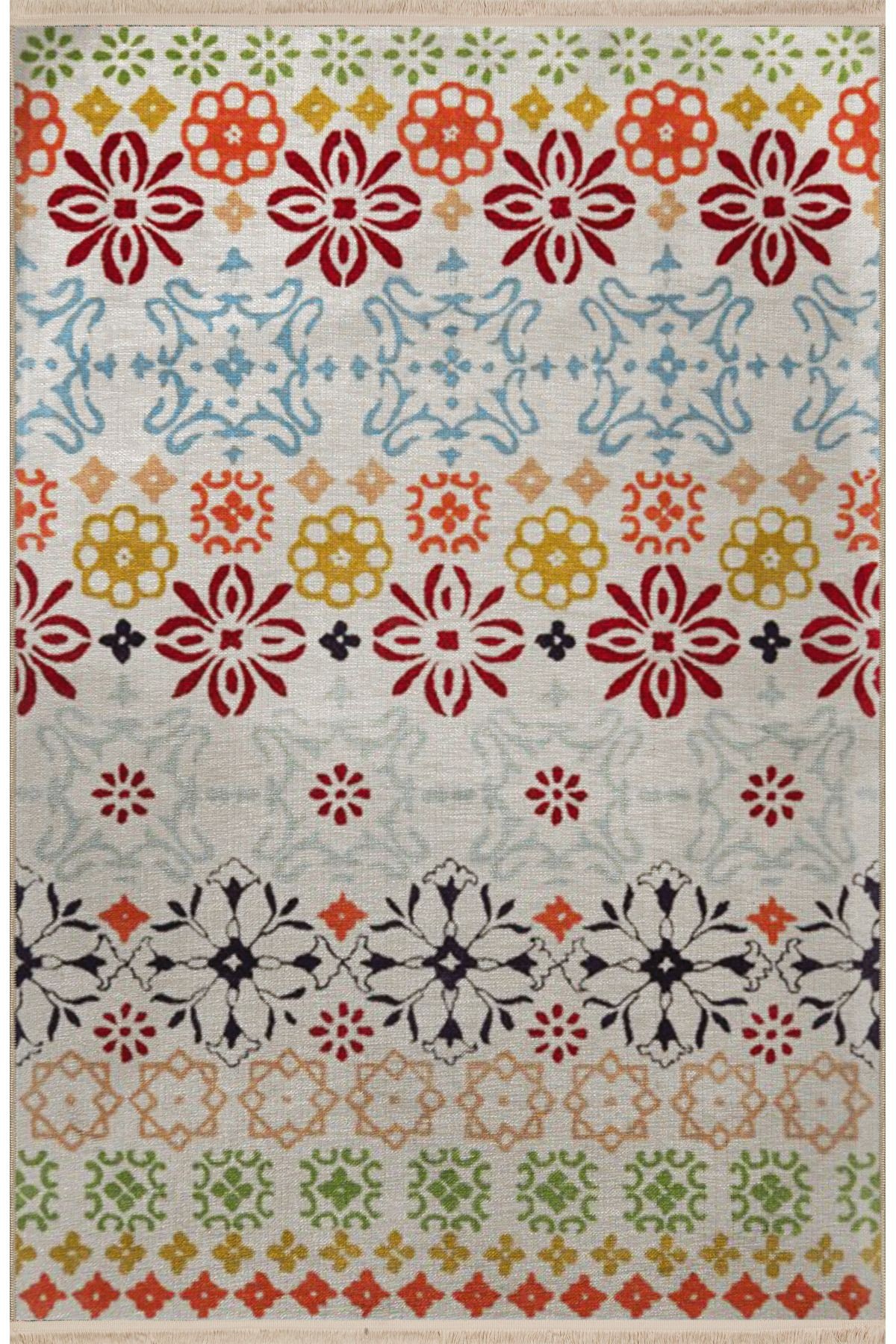 Açık Ton Çok Renkli Motifli Etnik Çiçek Desenli Kreatif Vintage Dekoratif Halı 2801