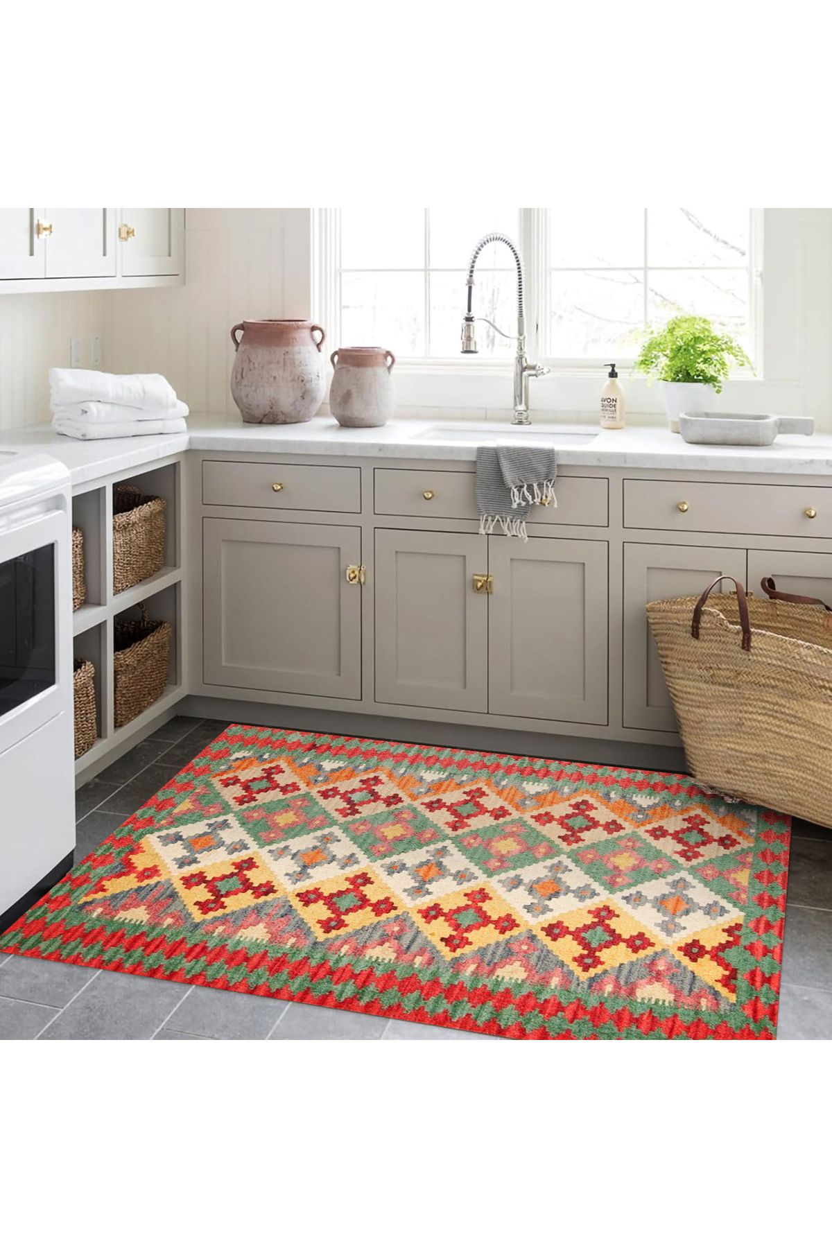 Aysu Koleksiyonu Turuncu Yeşil Etnik Desenli Dokuma Taban Modern Dekoratif Halı aysu31