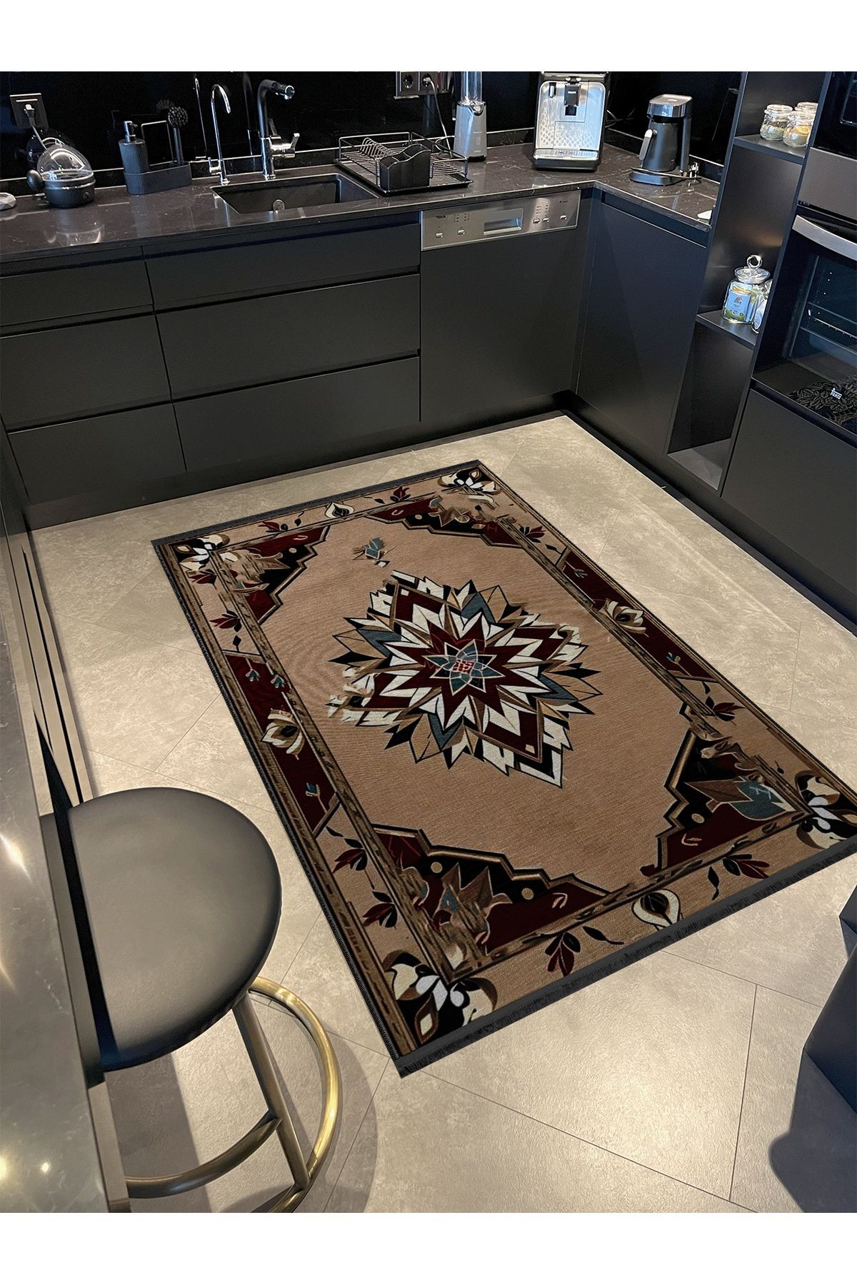 Bej Antik Tasarım Serisi Bordo Detaylı Desenli Vintage Dekoratif Halı antik29