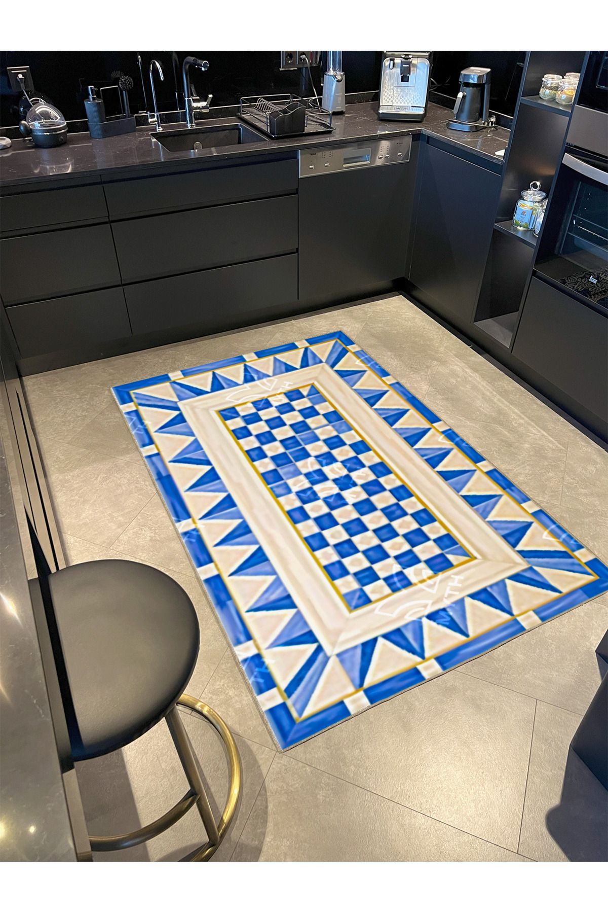 Mavi Krem Geometrik Kareli Temalı Dokuma Taban ve Yıkanabilir Halı MYTH8