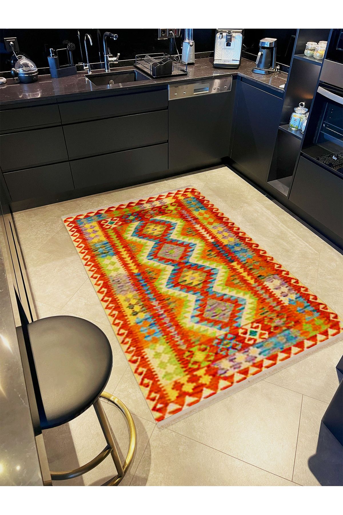 İnci Koleksiyonu Çok Renkli İskandinav Desenli Dokuma Taban Vintage Dekoratif Halı inci34