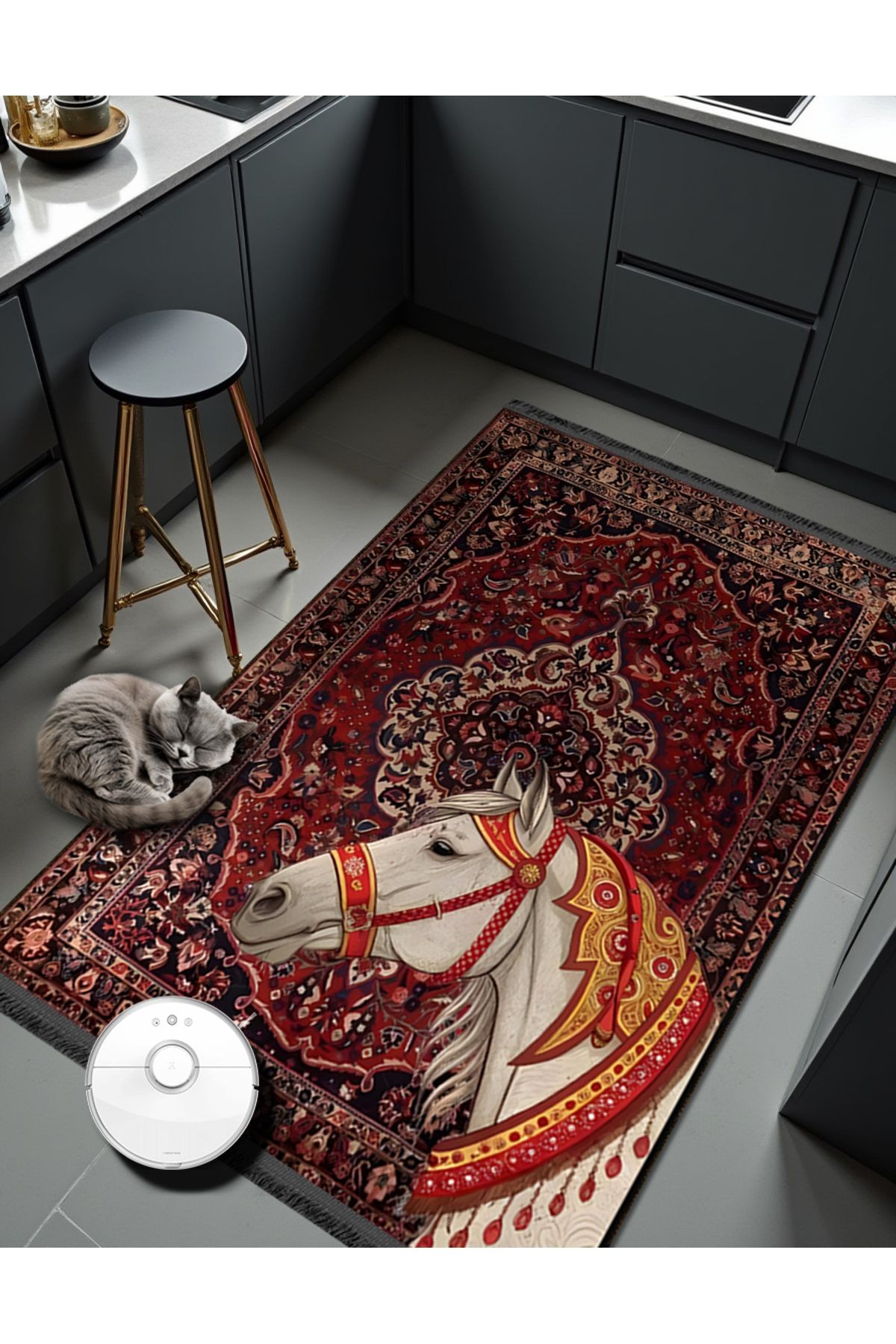 Nilla Koleksiyonu Antik Desenli Beyaz At Detaylı Dokuma Taban Modern Dekoratif Halı nilla18