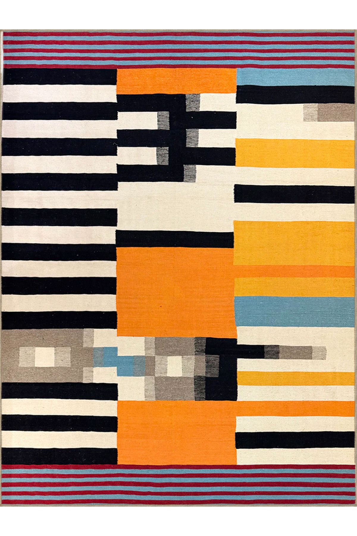 Emre Koleksiyonu Çok Renkli Şerit Çizgili Desenli Dokuma Taban Kreatif Modern Dekoratif Halı 17