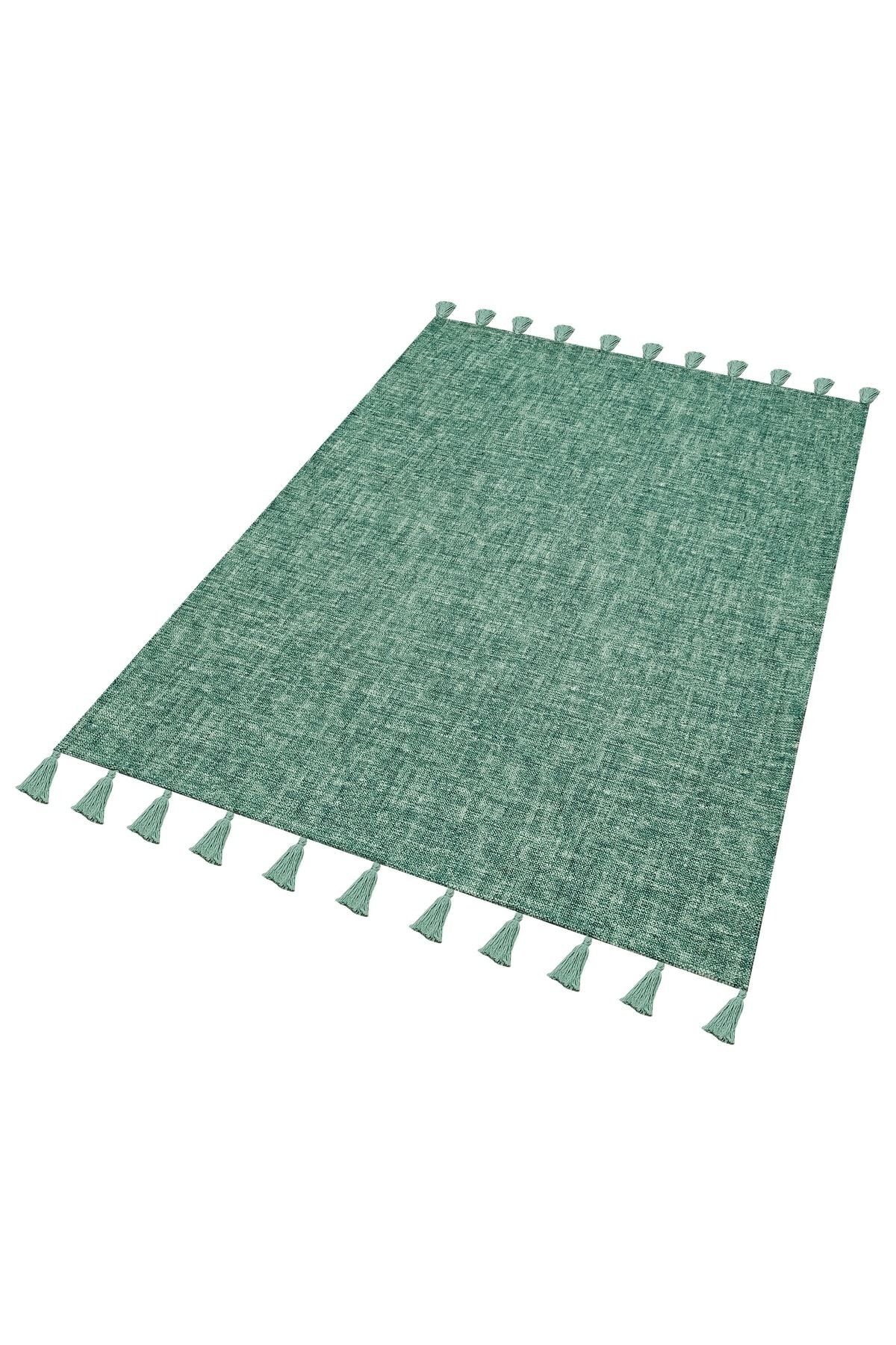 Moroccan 9006 Yeşil Hasır Görünüm Yeşil Püsküllü Modern Kilim