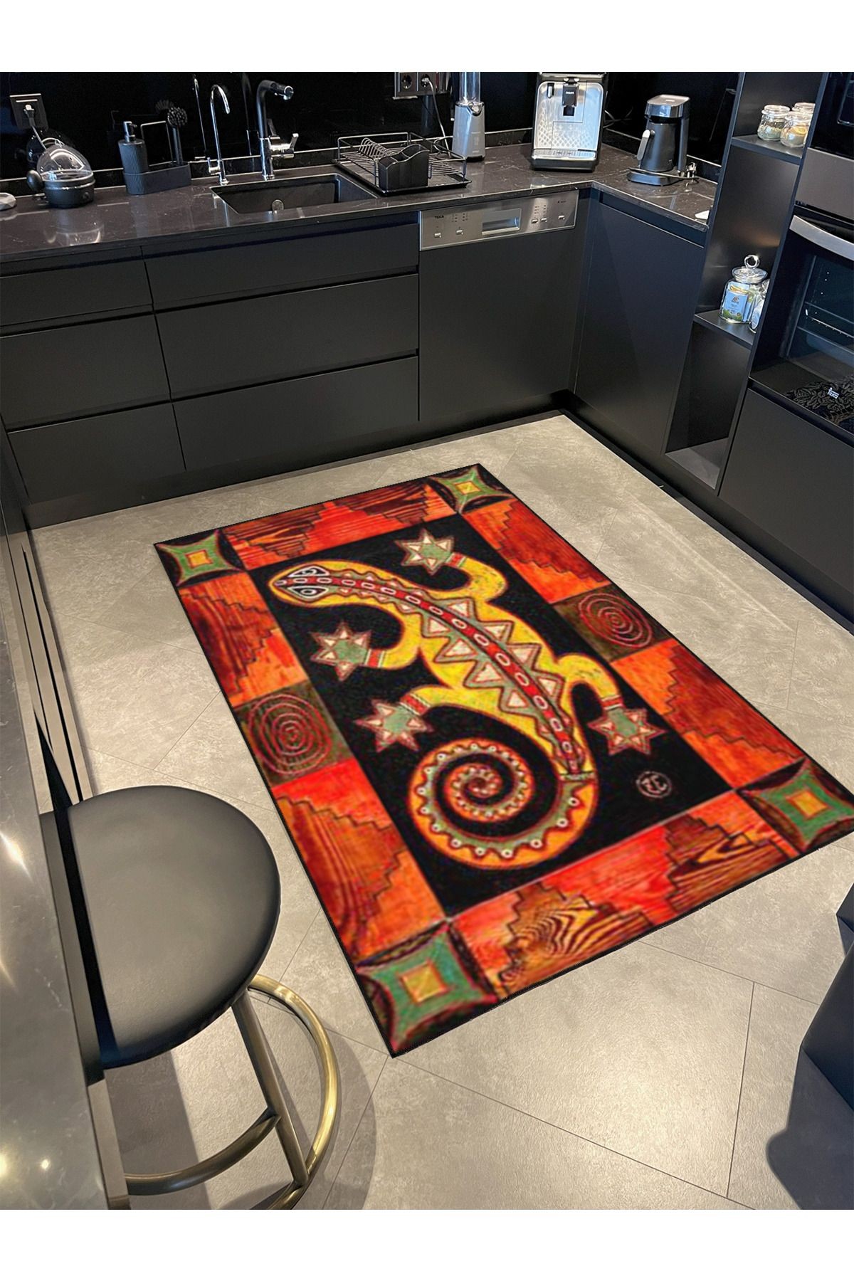 İguana Hayvan Çerçeve Geometik Desenli Dokuma Taban ve Dekoratif Yıkanabilir Halı miravip8544