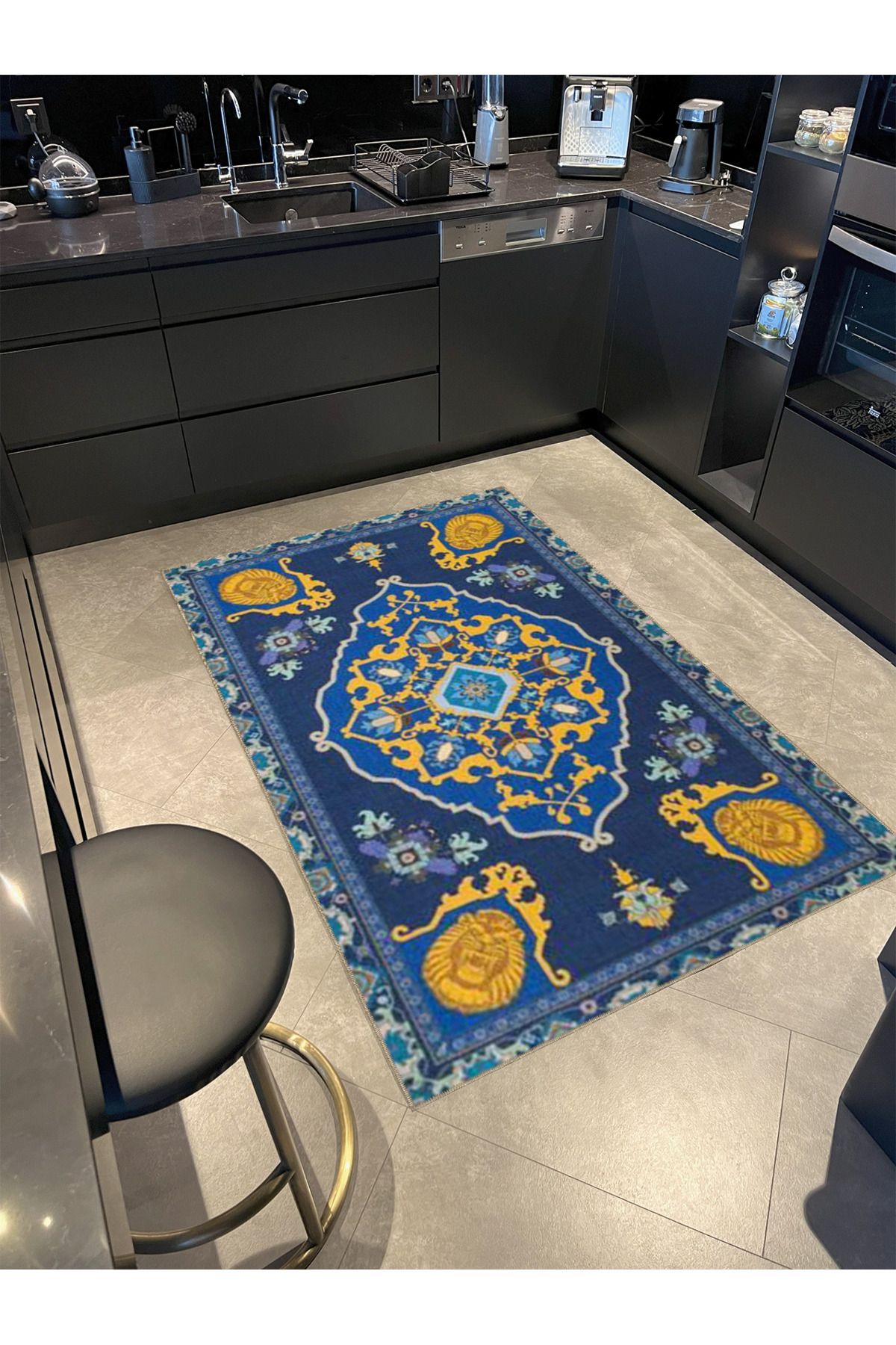 Lacivert Sarı Temalı Geleneksel Motif Desenli Vintage Dekoratif Halı 4697