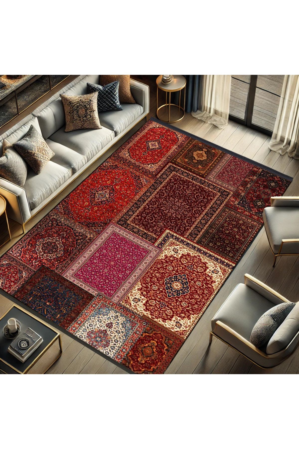 Kuvars Koleksiyonu Koyu Kırmızı Vintage Motifler Desenli Dokuma Taban Etnik Dekoratif Halı kuvars31