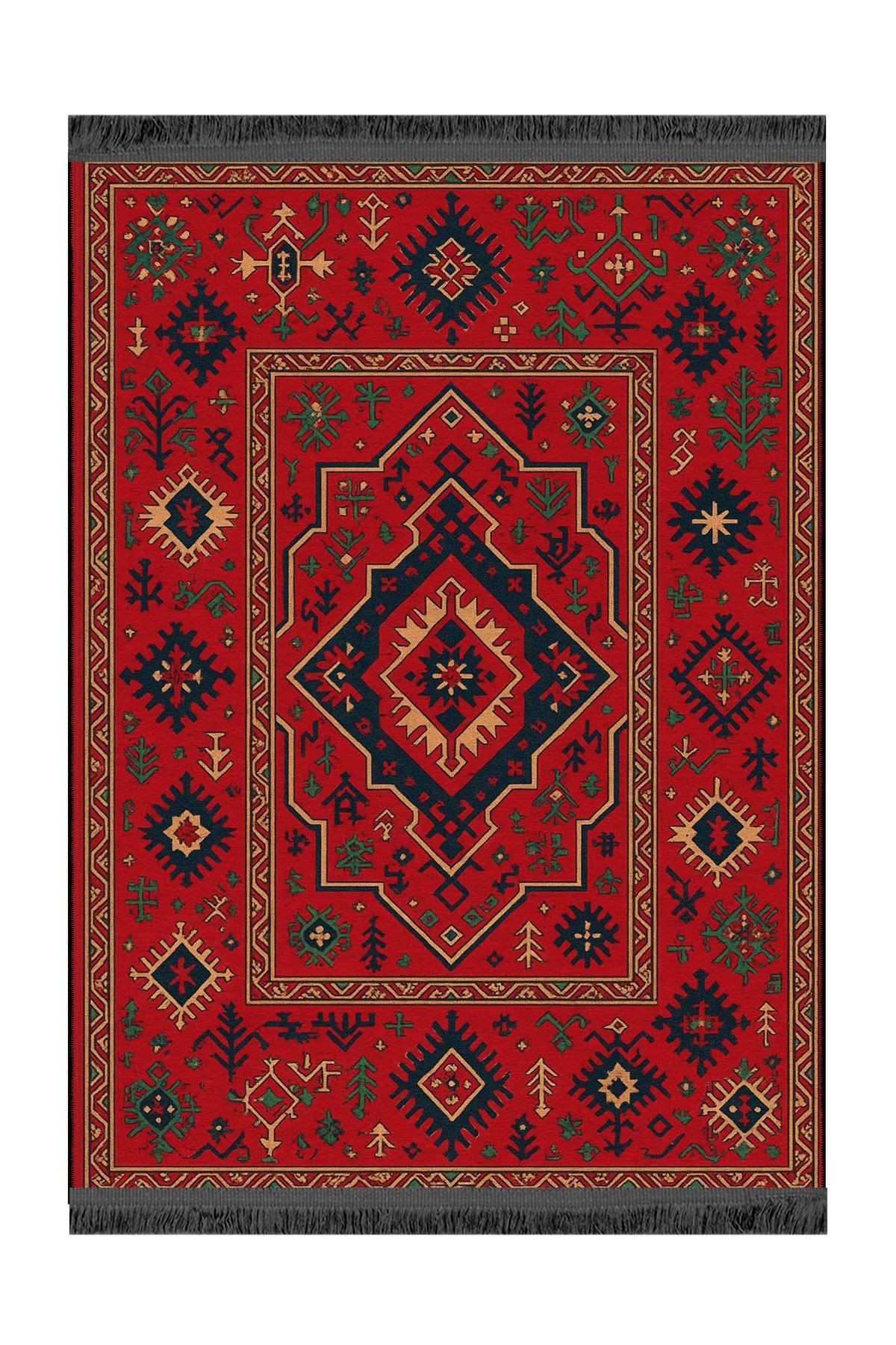 MOSSO Kırmızı Siyah Tonlarda Etnik Motifler Desenli Dokuma Taban Vintage Dekoratif Halı mosso103