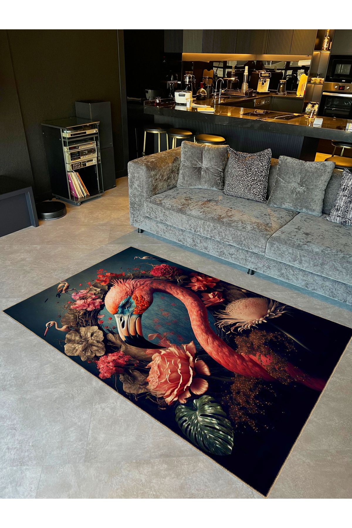Emre Koleksiyonu Sürrealist Tema Flamingo ve Çiçekler Desenli Dokuma Taban Modern Dekoratif Halı 34
