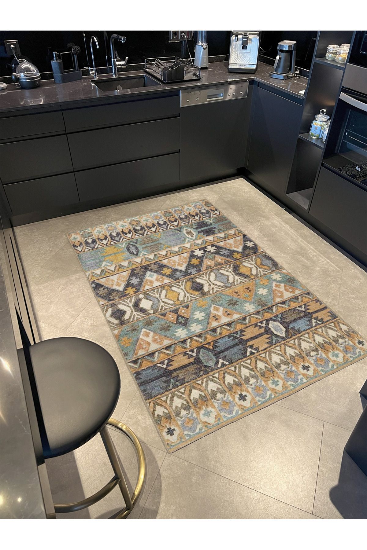 Mavi Bej Temalı Motifli Etnik Desenli Vintage Dekoratif Halı 3896