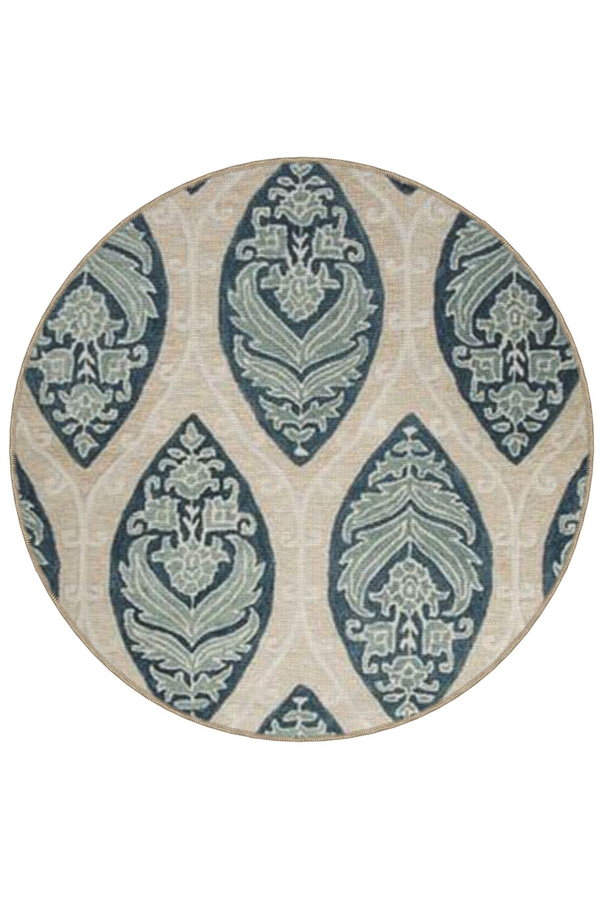 Bej Tema Floral Desenli Yuvarlak Dokuma Taban Vintage Dekoratif Halı 6054