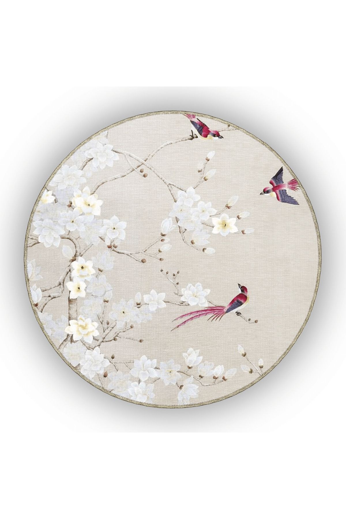 Bej Temalı Floral Çiçek ve Kuş Desenli Kreatif Modern Dekoratif Halı 4861