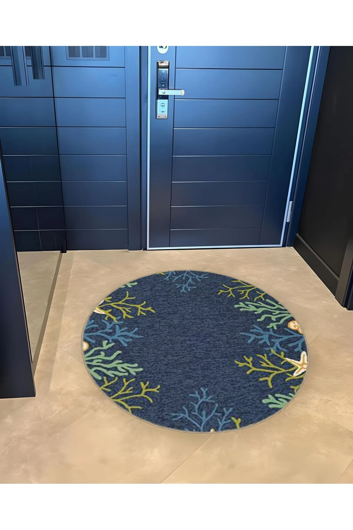 Mira Yuvarlak Mavi Yeşil Mercan Detaylı Dokuma Taban Modern Dekoratif Halı 5560