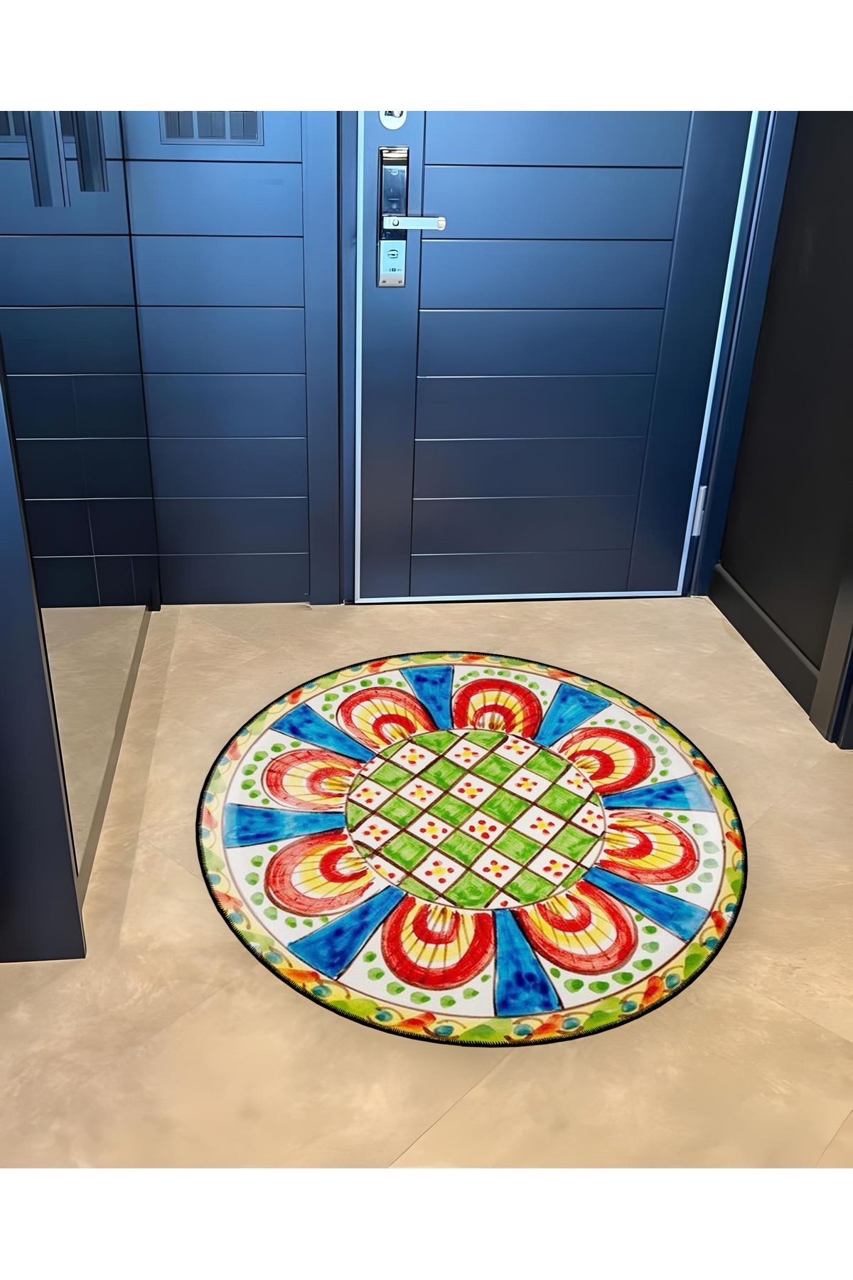 Mira Yuvarlak Yeşil Kırmızı Tonlarda Desenli Dokuma Taban Modern Dekoratif Halı 5641