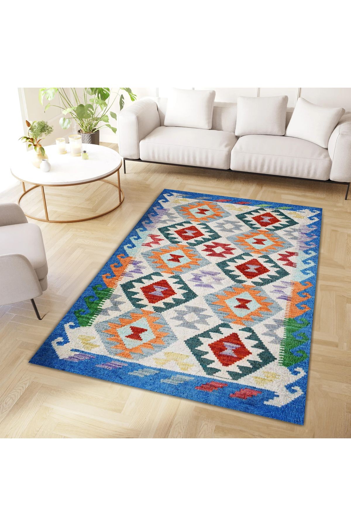 Asena Koleksiyonu Çok Renkli Geometrik Desenli Vintage Dekoratif Halı 06