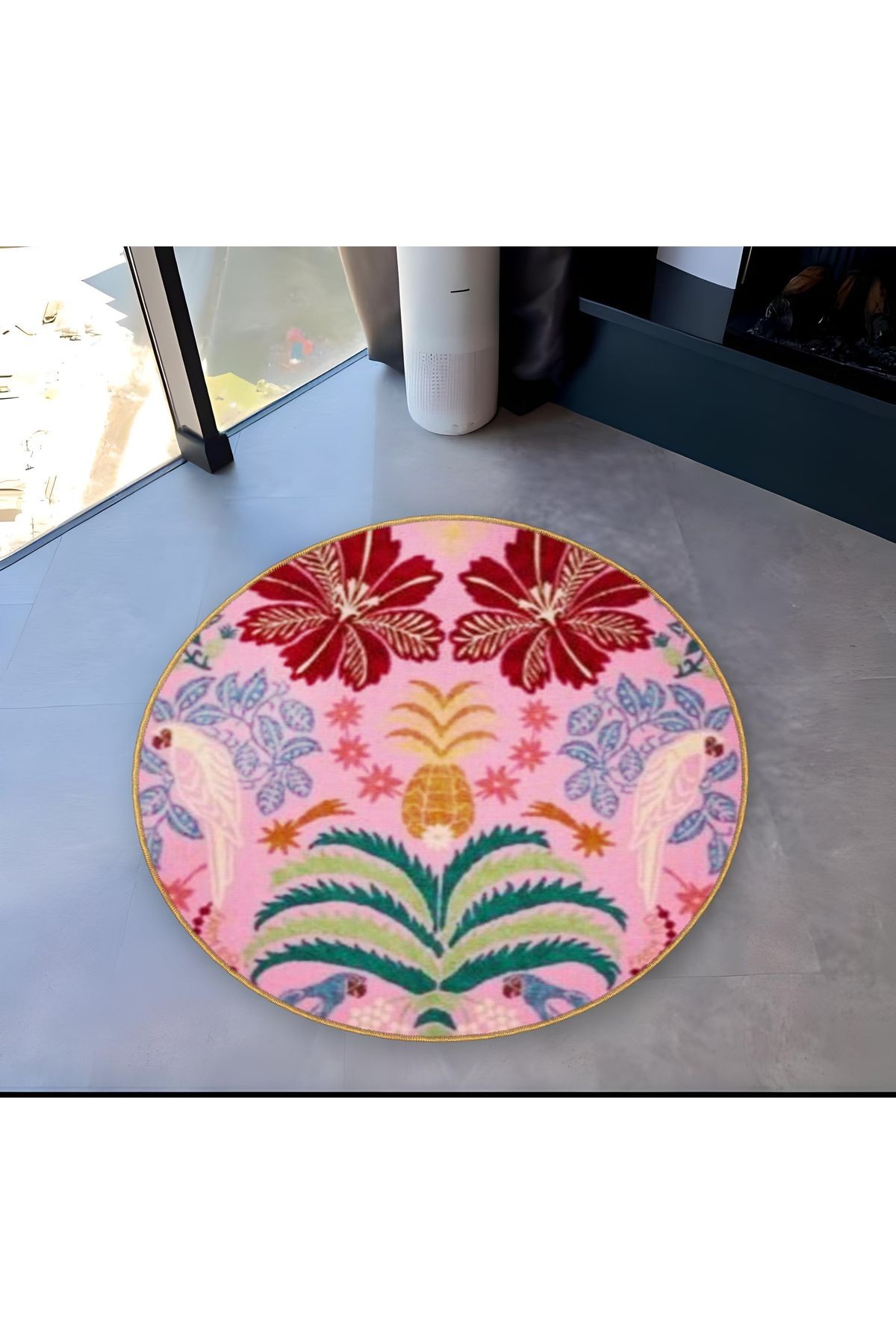 Pembe Temalı Karma Çiçek Desenli Yuvarlak Dokuma Taban Vintage Dekoratif Halı 6110