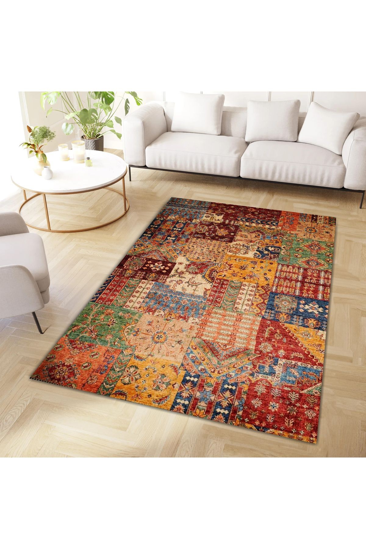 Cansu Koleksiyonu Patchwork Görünümlü Çok Renkli Dokuma Taban Modern Dekoratif Halı cansu07