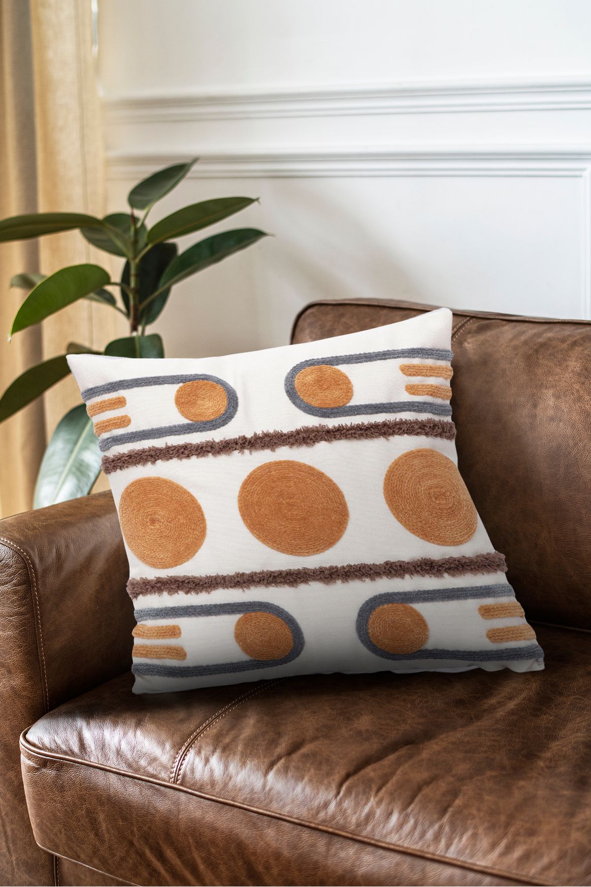 Bohem Tarz Nakış Detaylı Turuncu Gri Desenli Punch Kırlent Kılıfı 03