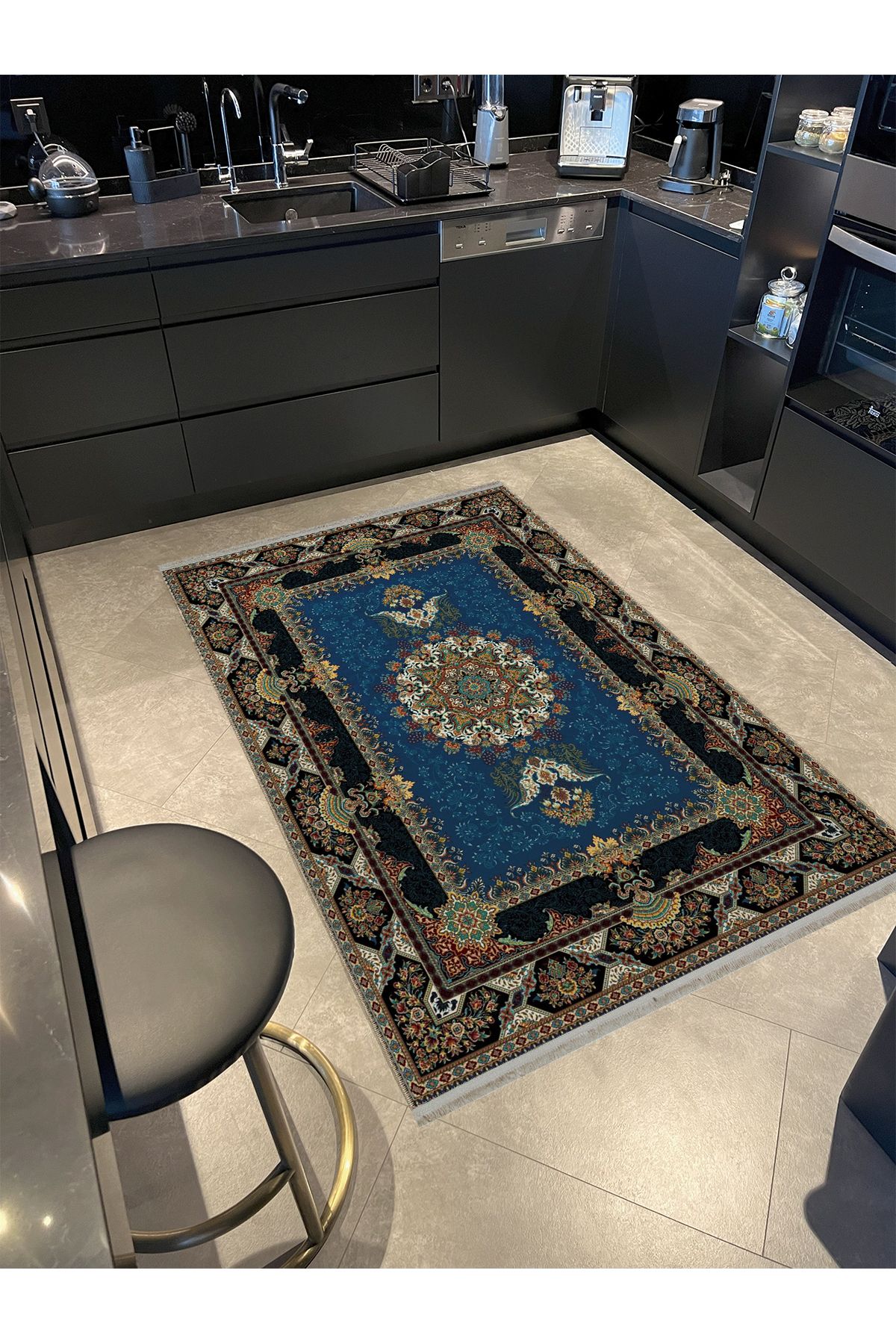 Bej Yeşil Bordür Detaylı Lacivert Desenli Etnik Serisi Modern Dekoratif Halı etnik08