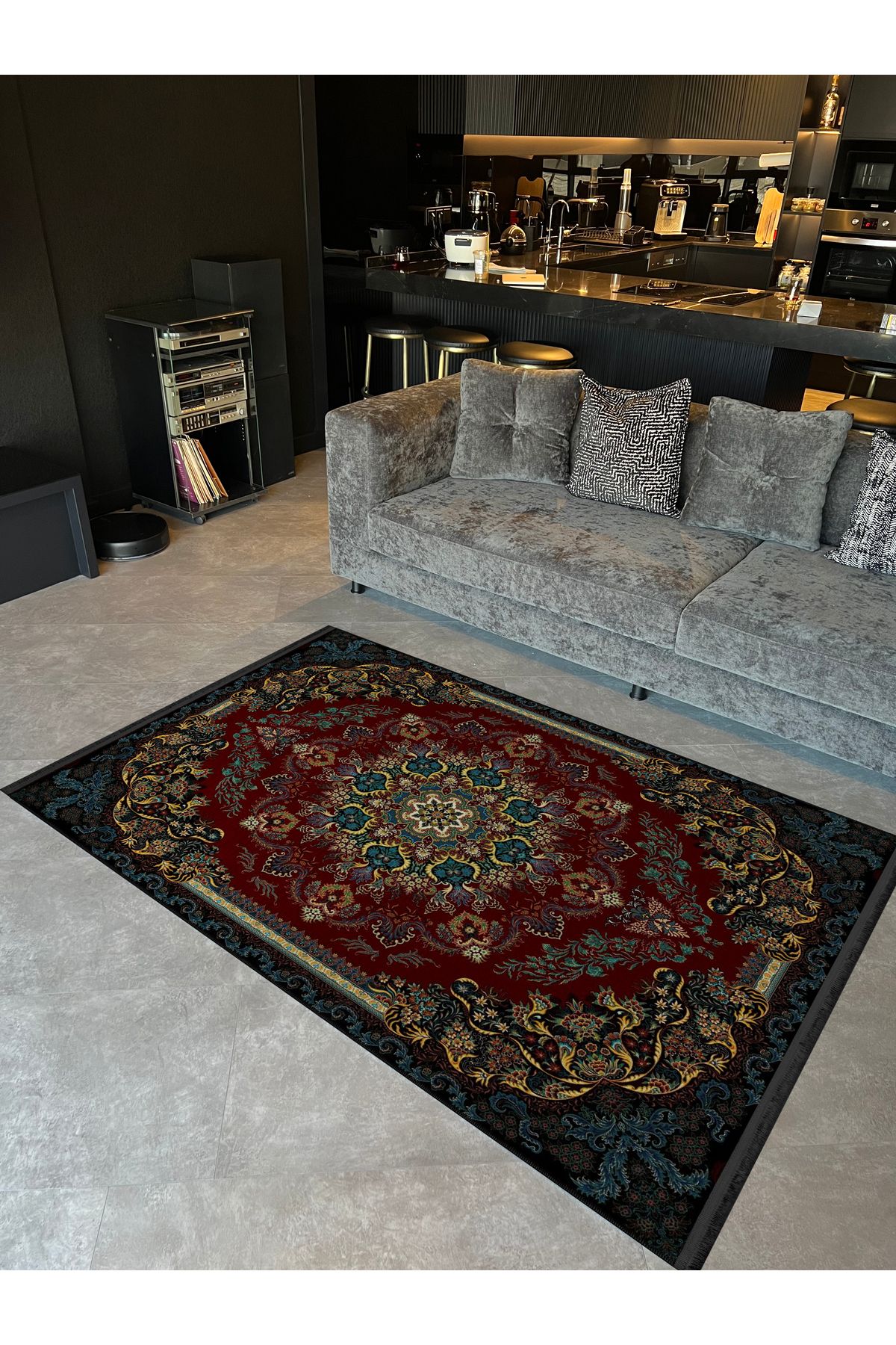 Mavi Sarı Çerçeve Detaylı Bordo Desenli Etnik Serisi Modern Dekoratif Halı etnik22