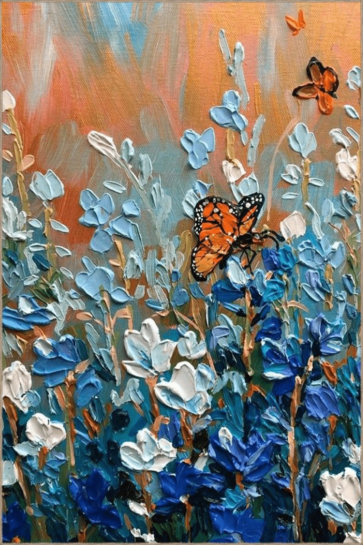 Pastel Mavi Turuncu Temalı Çimen Çiçek ve Kelebek Desenli Modern Dekoratif Halı 5087