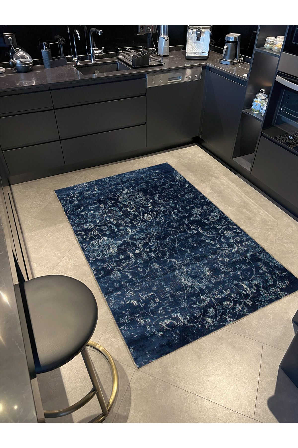 Lacivert Temalı Motifli Etnik Çiçek Desenli Vintage Dekoratif Halı 4914