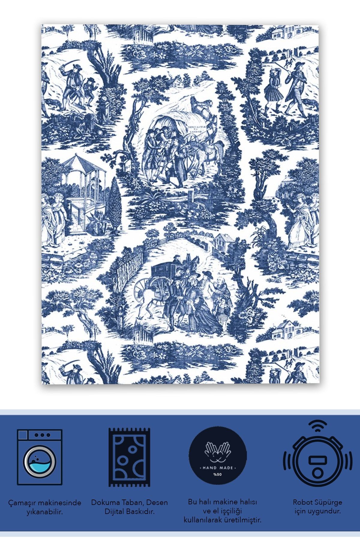 Bleu Blanc Beyaz Lacivert Vintage Desenli Dekoratif Dokuma Taban Halı Mira 1255