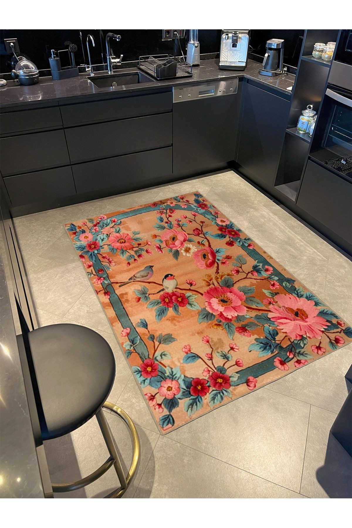 Paris Koleksiyonu Somon Renk Çiçek ve Kuş Desenli Vintage Dekoratif Halı 91