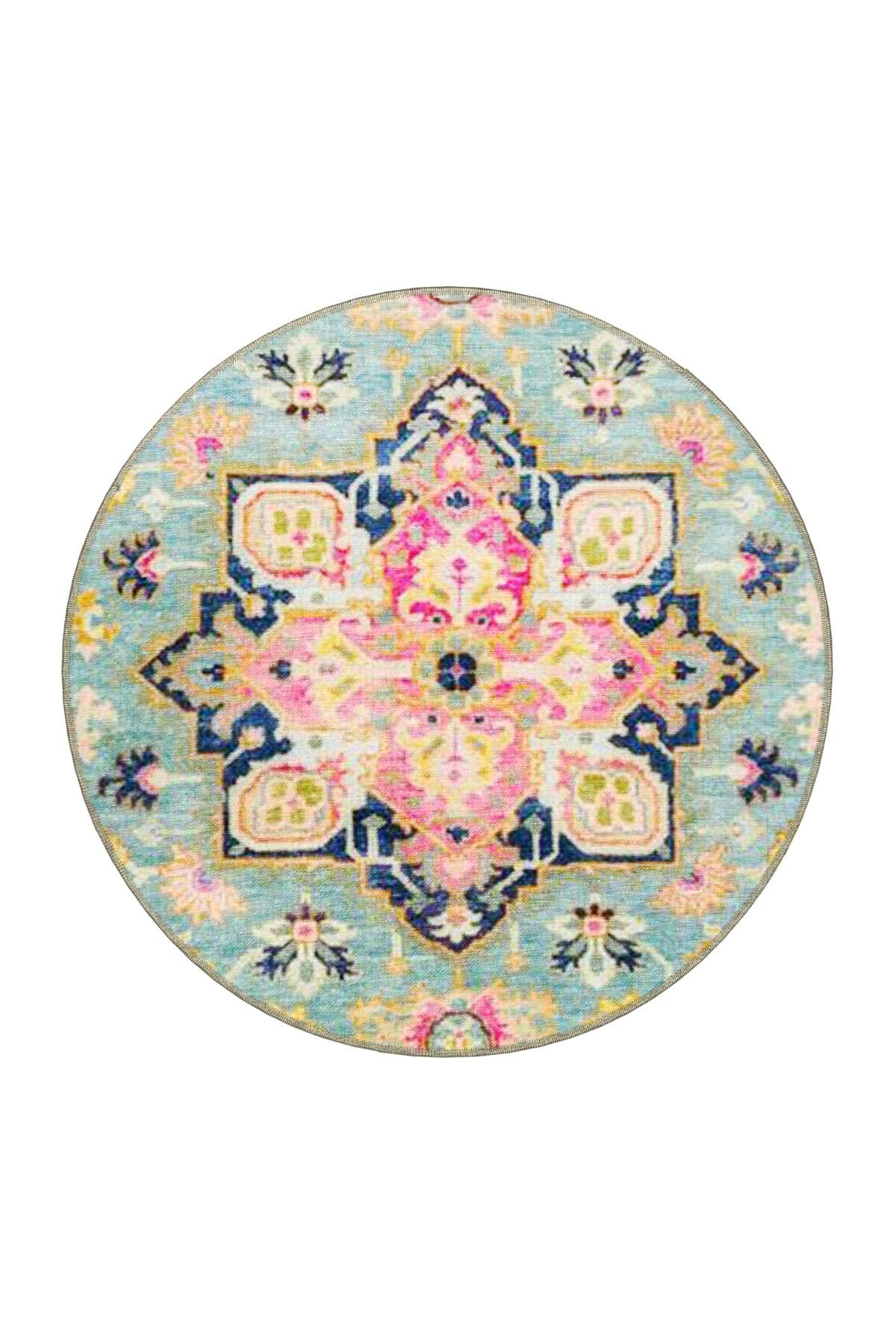 Açık Mavi ve Pembe Temalı Geleneksel Motif Desenli Vintage Dekoratif Halı 4669