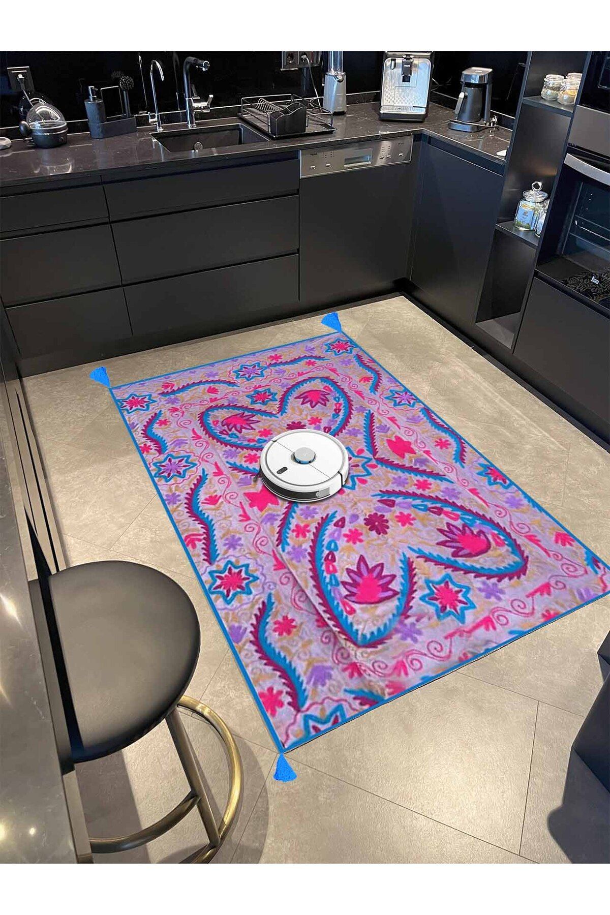 Haryana Koleksiyonu Pembe Mavi Tonlarda Karma Figürler Desenli Dokuma Taban Modern Dekoratif Halı 12