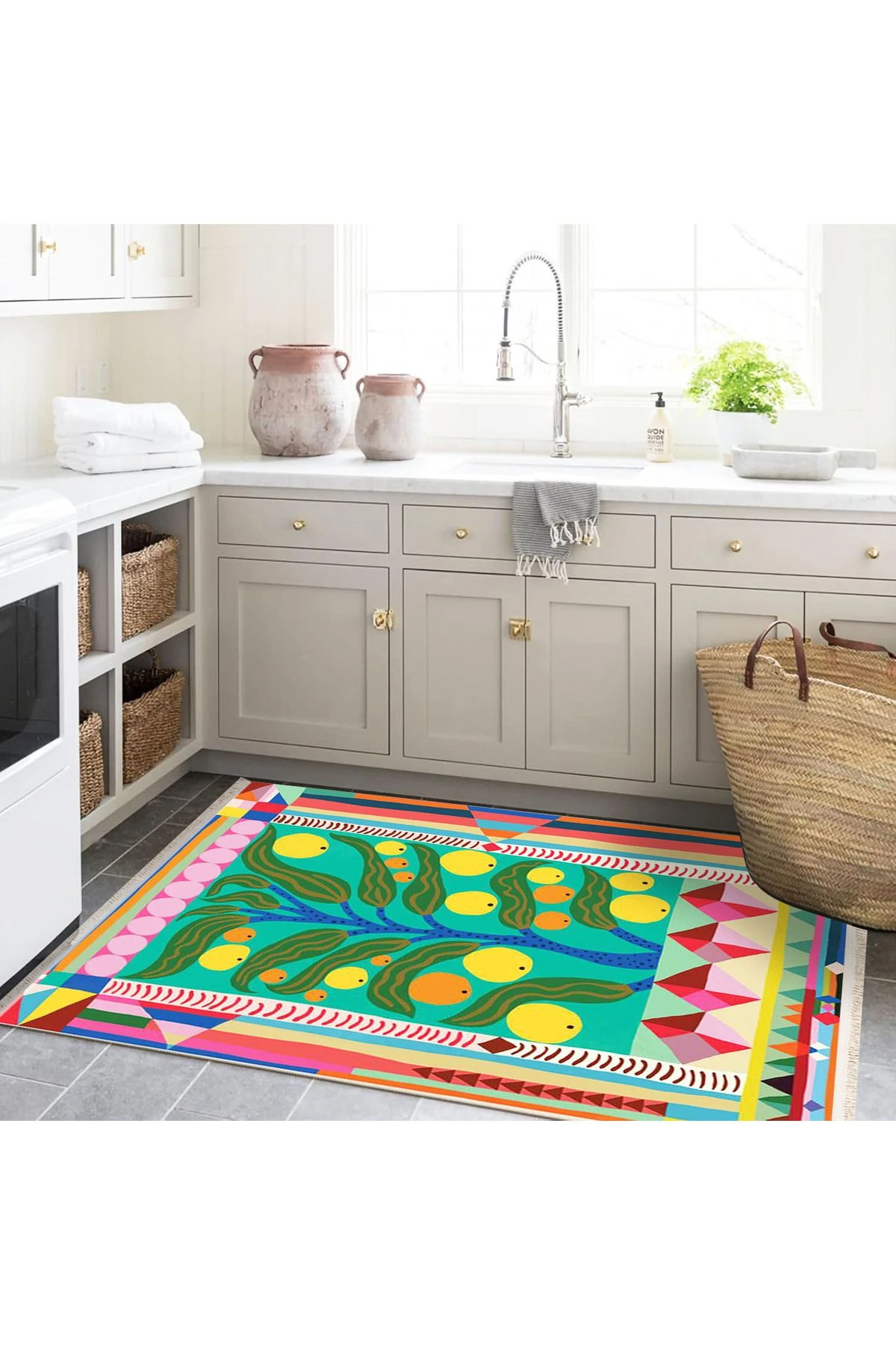 Kemal Koleksiyonu Pastel Renklerde Soyut Limon Ağacı Desenli Dokuma Taban Modern Dekoratif Halı 17