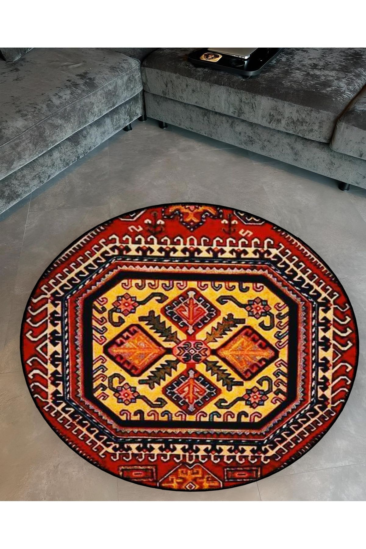 Bordo ve Sarı Tema Geleneksel Motif Desenli Yuvarlak Dokuma Taban Vintage Dekoratif Halı 6121