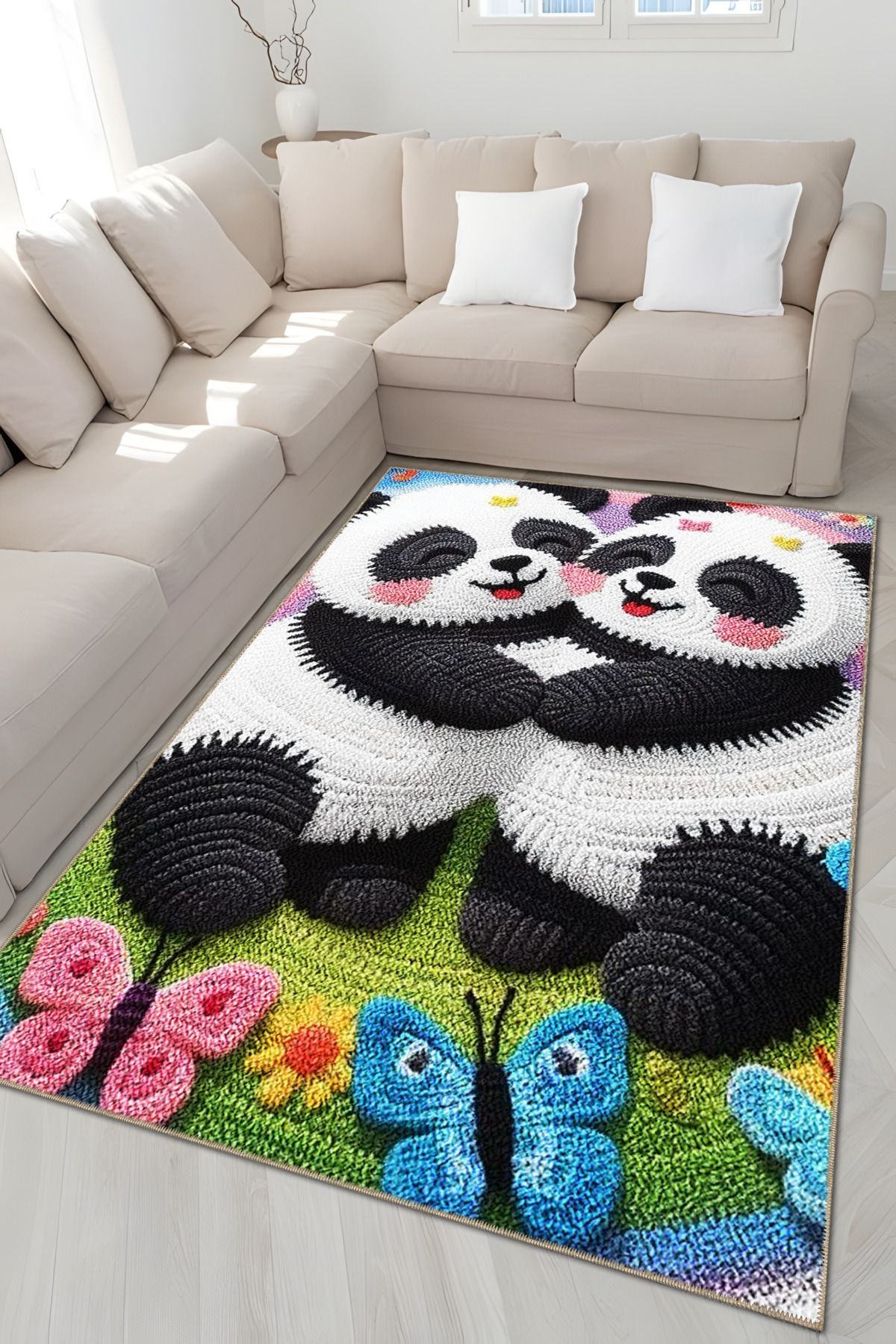 Çizgi Karakter Tema Çok Renkli Sevimli Panda Desenli Kreatif Modern Dekoratif Halı 5102
