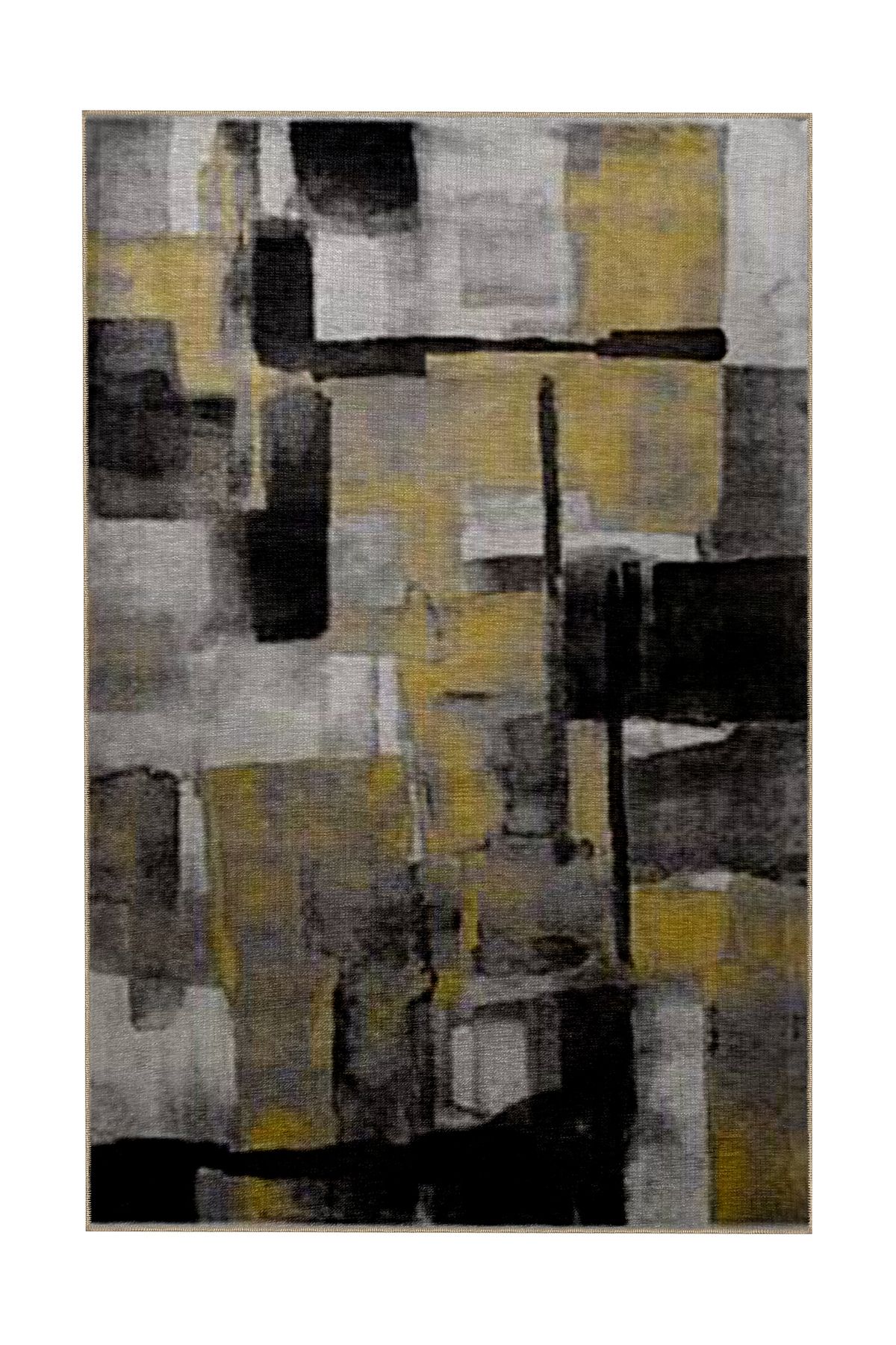 Gri Sarı Temalı Geometrik Duvar Grafiti Desenli Modern Dekoratif Halı 5304