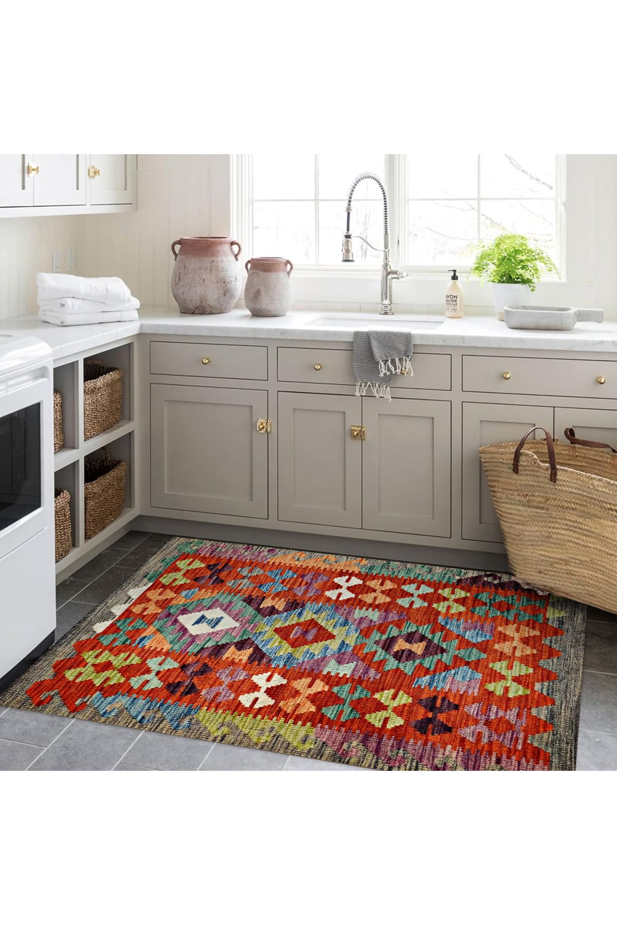 Mete Koleksiyonu Çok Renkli Geometrik Şekiller ve Etnik Desenli Vintage Dekoratif Halı 31