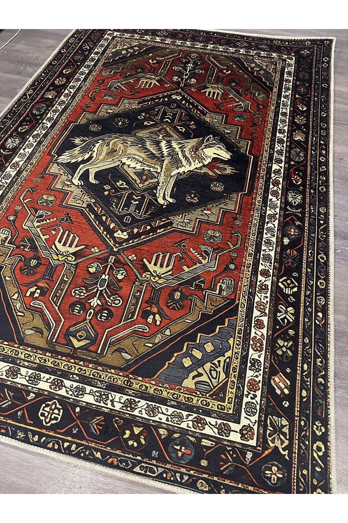 Güneş Koleksiyonu Kırmızı Antik Desenli Kurt Detaylı  Dokuma Taban Modern Dekoratif Halı güneş37