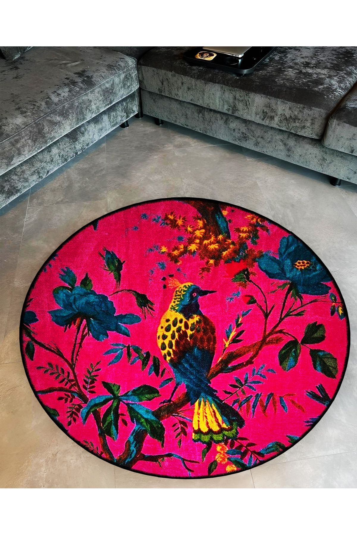 Mira Yuvarlak Koyu Pembe Kuş ve Çiçek Detaylı Dokuma Taban Modern Dekoratif Halı 5695