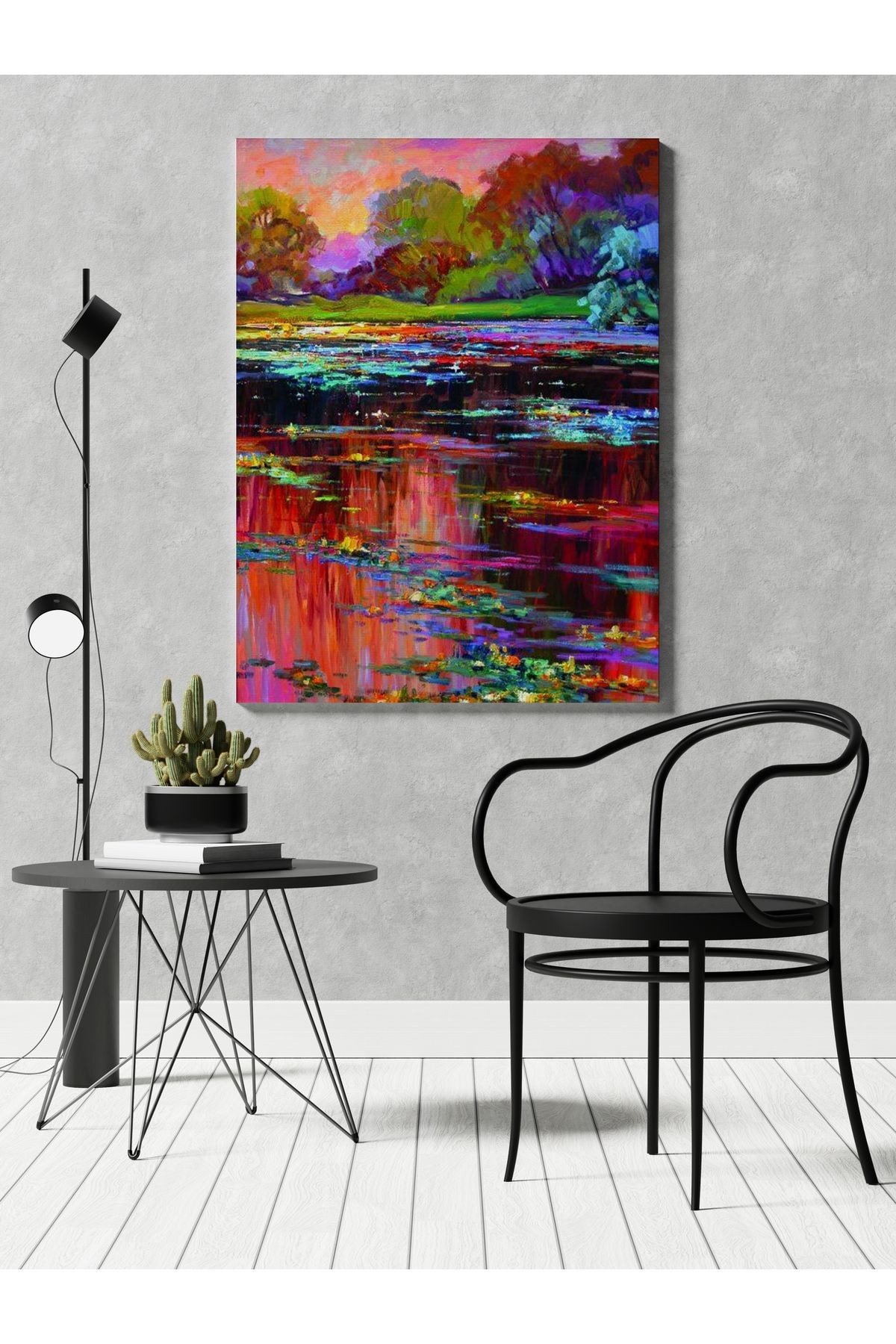 Kanvas Tablo Gün Batımı Pembe Göl Şelale Desenli Modern Tablo