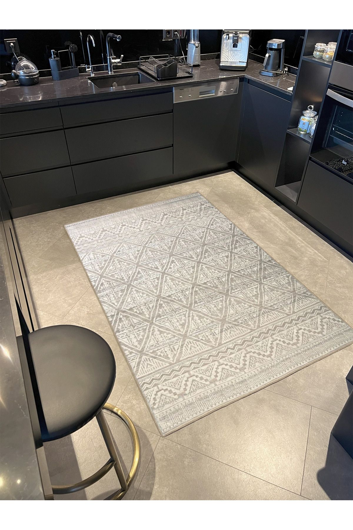 Gri Bej Temalı Motifli Geometrik Desenli Vintage Dekoratif Halı 3940