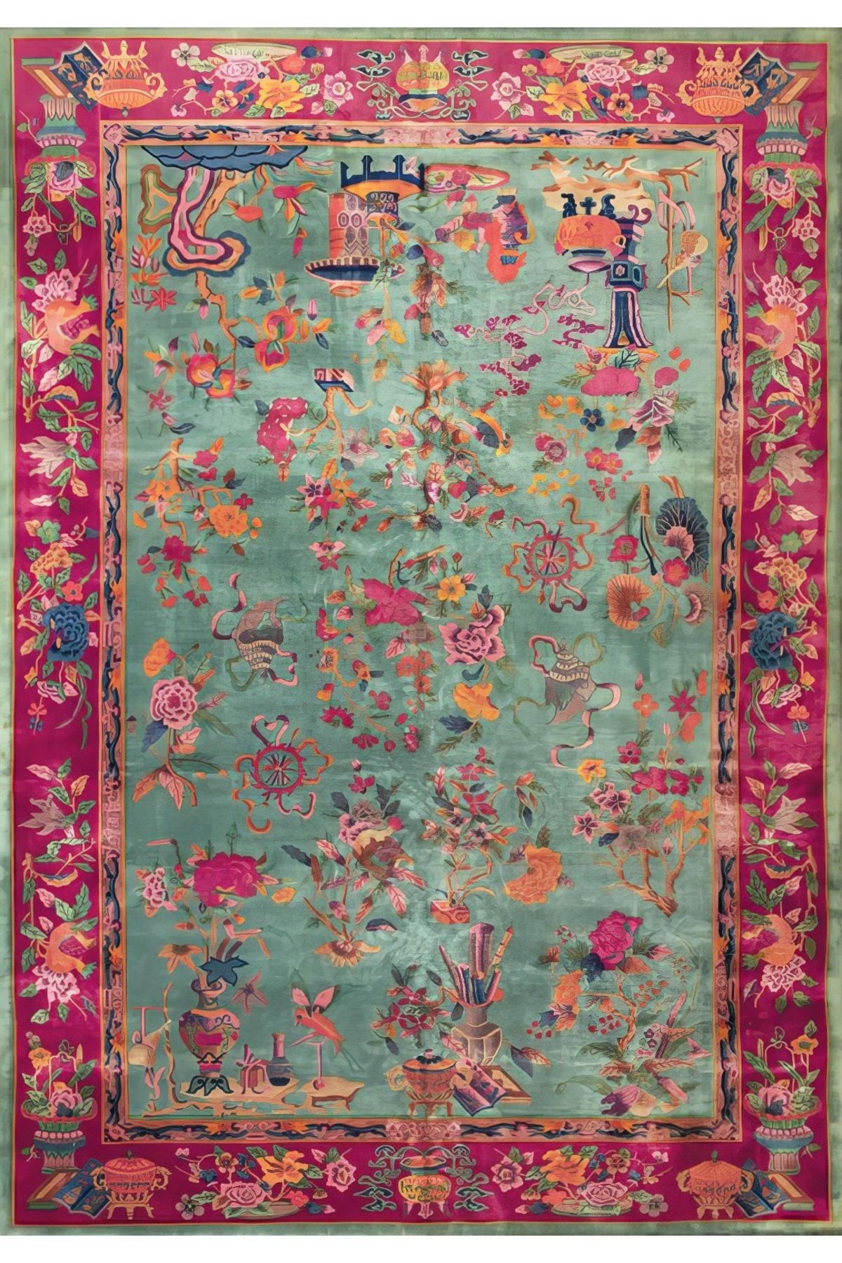 Mavi Pembe Temalı Floral Çiçek Desenli Vintage Dekoratif Halı 4844